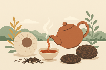 Ilustración flat de tetera china con té rojo pu-erh y tortas de té de Yunnan