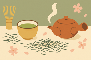 Ilustración flat de preparación de té sencha japonés con tetera kyusu, hojas de sencha enrolladas y taza de té verde