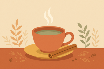 Taza de té verde con una rama de canela en un ambiente acogedor