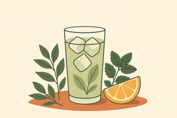 Ilustración de vaso de té verde frío con hielo, limón y menta sobre fondo crema