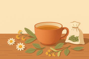 Taza de infusión de tila y manzanilla con flores secas sobre superficie de madera, ilustración plana en tonos terracota y verde salvia