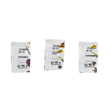 Contenido del Pack Degustación Pu Erh — Vainilla, Chocolate y Arcoiris (3 x 100 g)