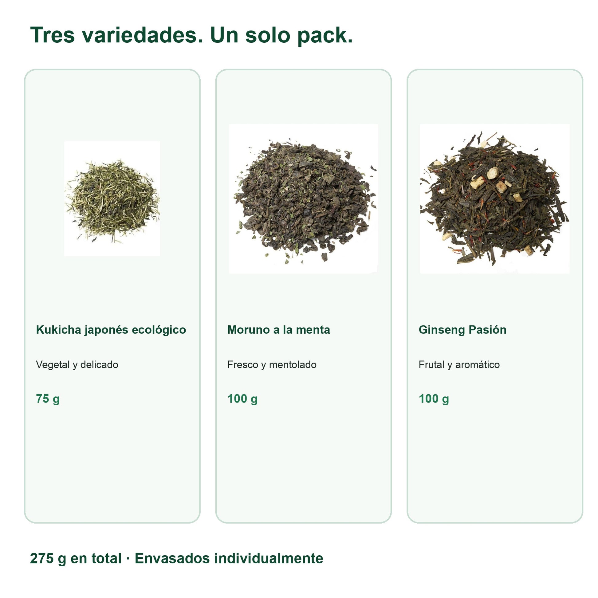 Variedades incluidas en Pack Descubrimiento de Tés Verdes — Kukicha, Moruno y Ginseng (275 g)