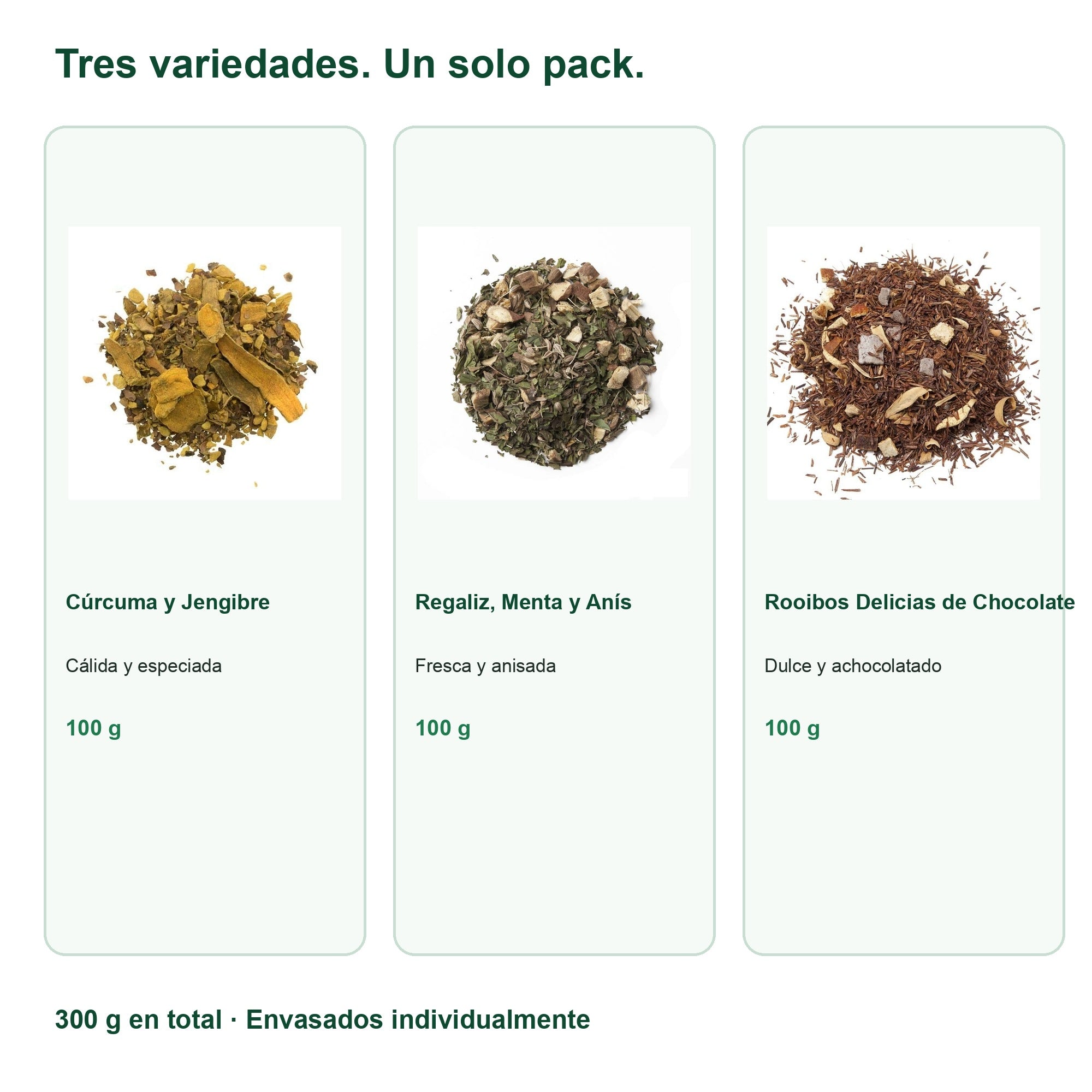 Variedades incluidas en Pack de Infusiones y Rooibos — Cúrcuma, Regaliz y Chocolate (3 x 100 g)