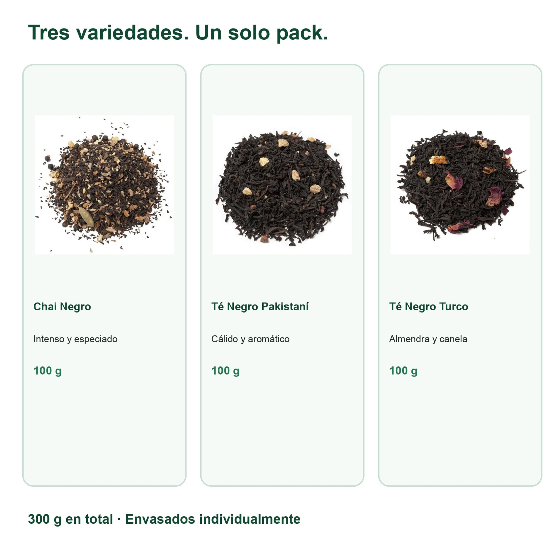 Variedades incluidas en Pack de Tés Especiados — Chai, Pakistaní y Turco (3 x 100 g)