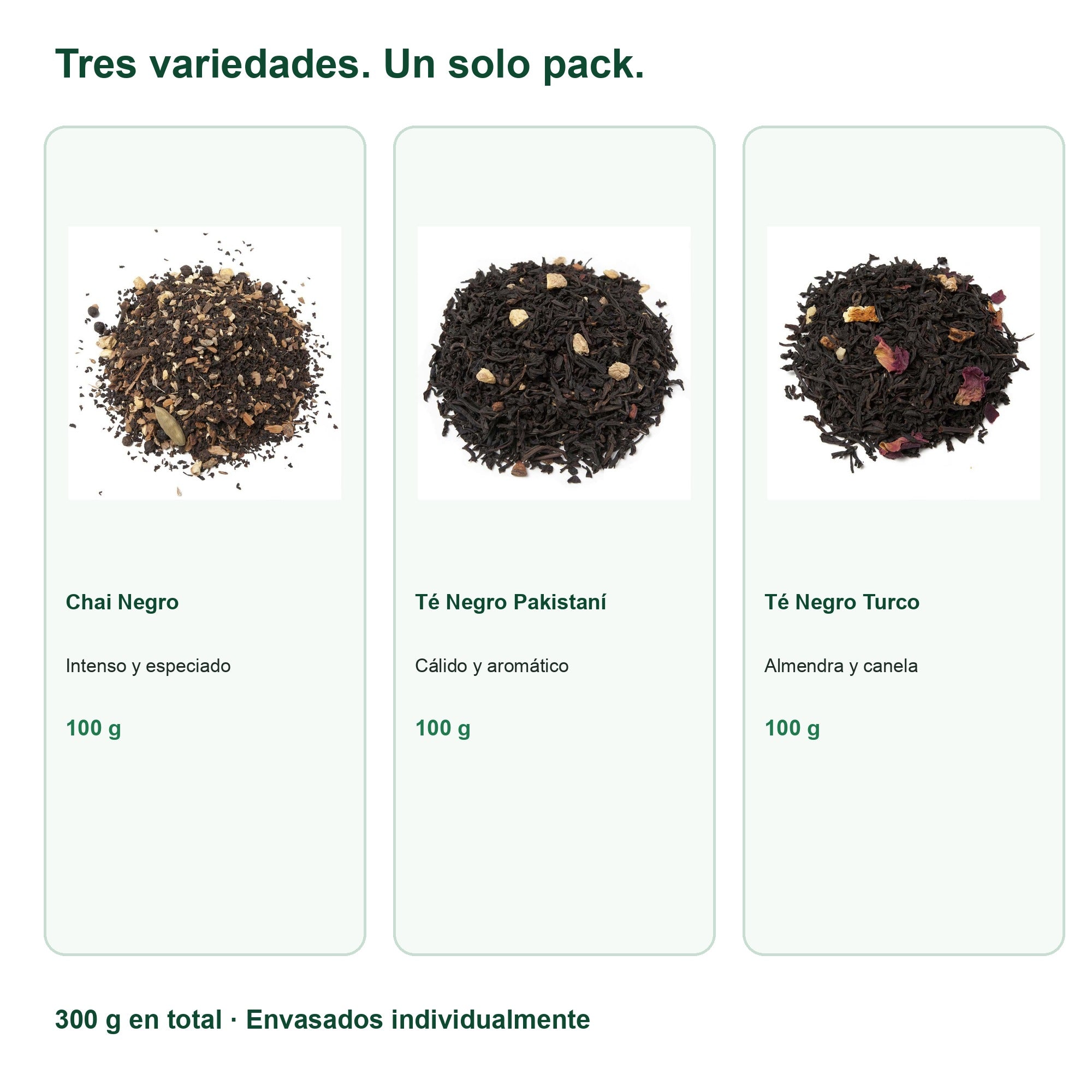Variedades incluidas en Pack de Tés Especiados — Chai, Pakistaní y Turco (3 x 100 g)