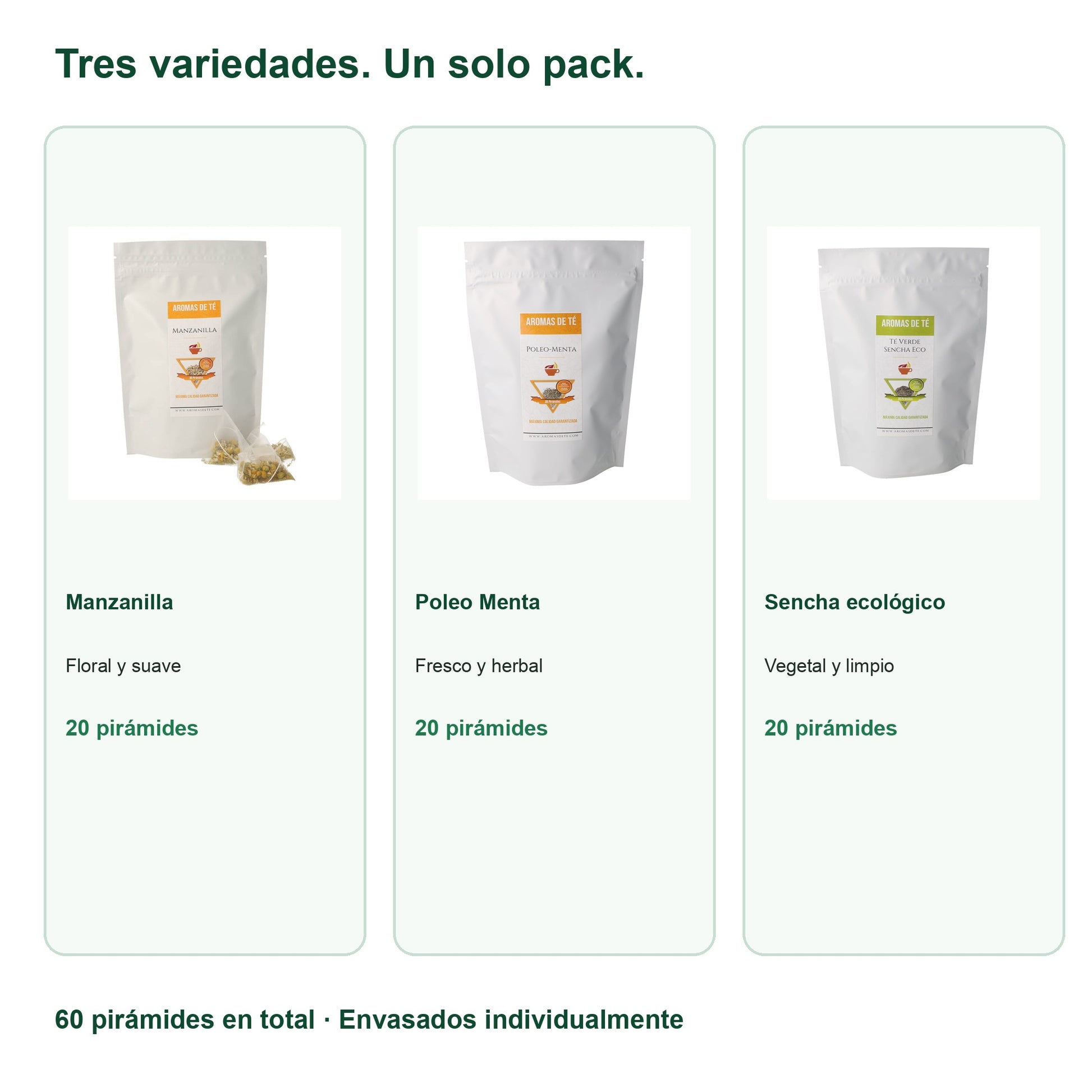 Variedades incluidas en Pack Premium de Pirámides — Manzanilla, Poleo Menta y Sencha Eco (60 unidades)