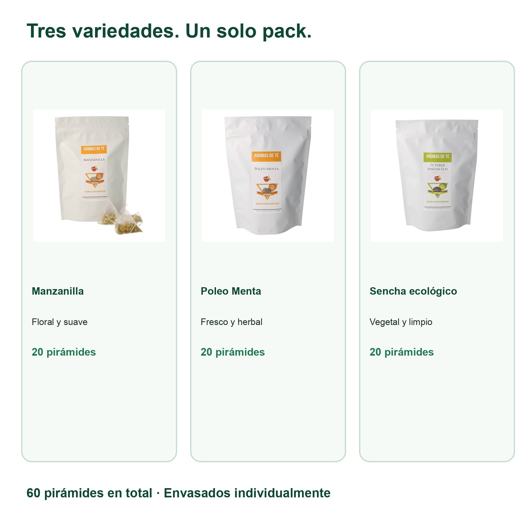Variedades incluidas en Pack Premium de Pirámides — Manzanilla, Poleo Menta y Sencha Eco (60 unidades)