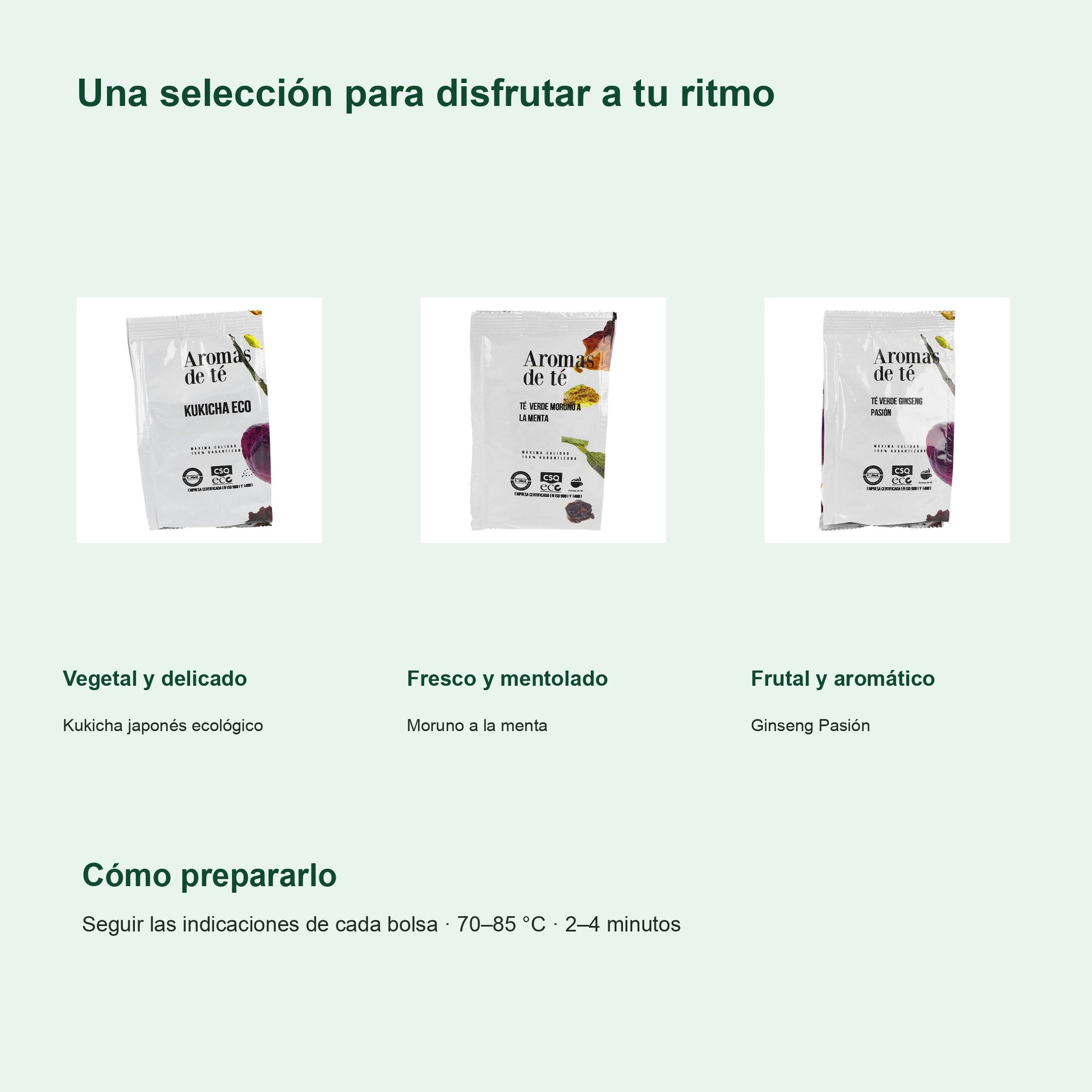 Perfiles y preparación de Pack Descubrimiento de Tés Verdes — Kukicha, Moruno y Ginseng (275 g)