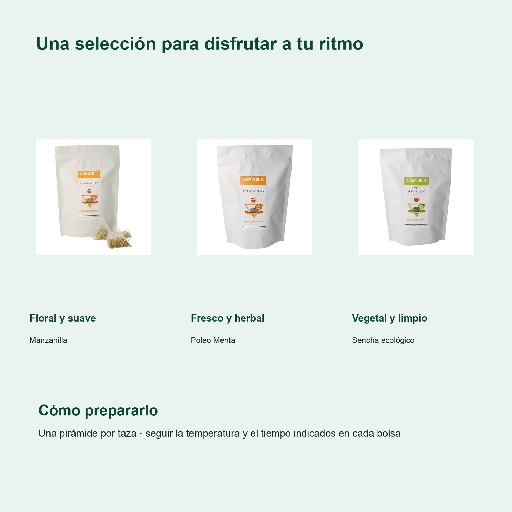 Perfiles y preparación de Pack Premium de Pirámides — Manzanilla, Poleo Menta y Sencha Eco (60 unidades)