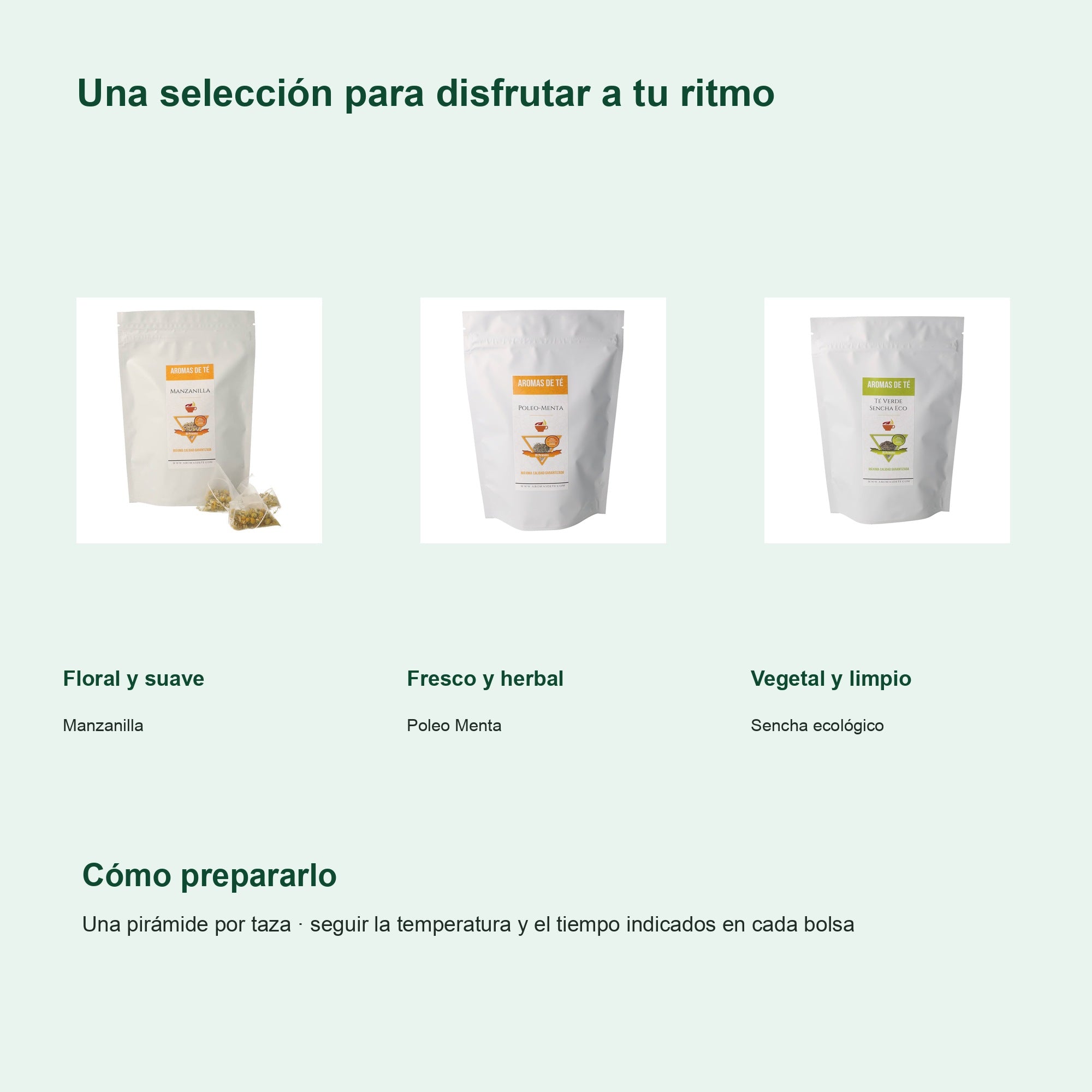 Perfiles y preparación de Pack Premium de Pirámides — Manzanilla, Poleo Menta y Sencha Eco (60 unidades)