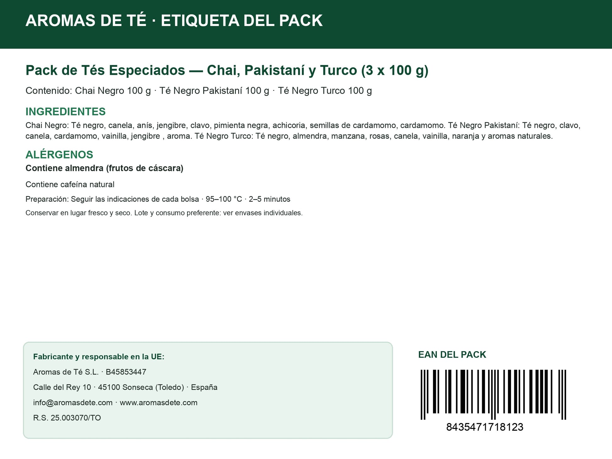 Etiqueta legal y EAN del Pack de Tés Especiados — Chai, Pakistaní y Turco (3 x 100 g)