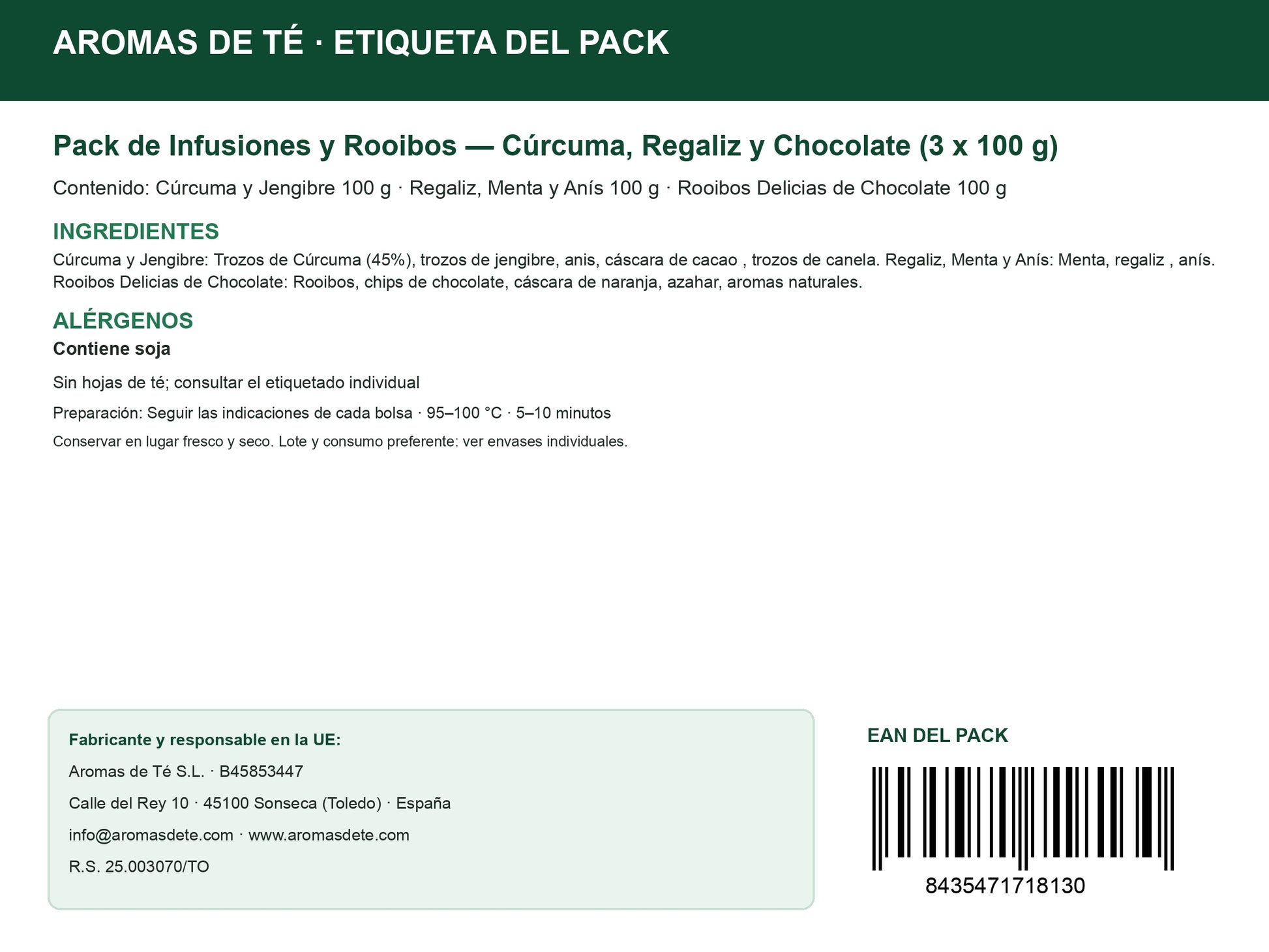 Etiqueta legal y EAN del Pack de Infusiones y Rooibos — Cúrcuma, Regaliz y Chocolate (3 x 100 g)