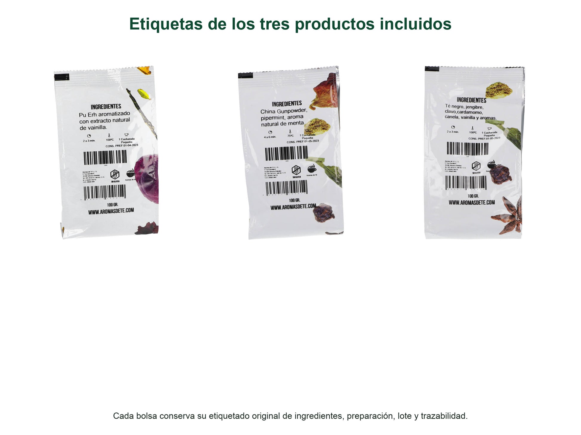 Etiquetas de ingredientes de los tres tés del pack