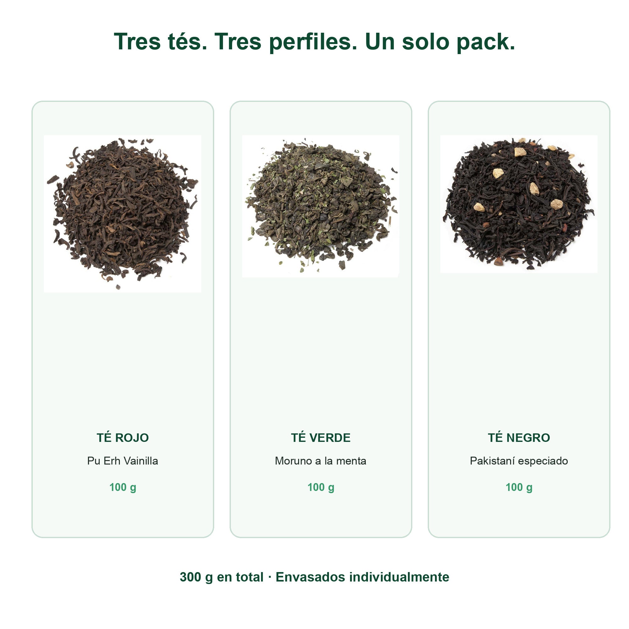 Tres variedades de té incluidas en el pack degustación