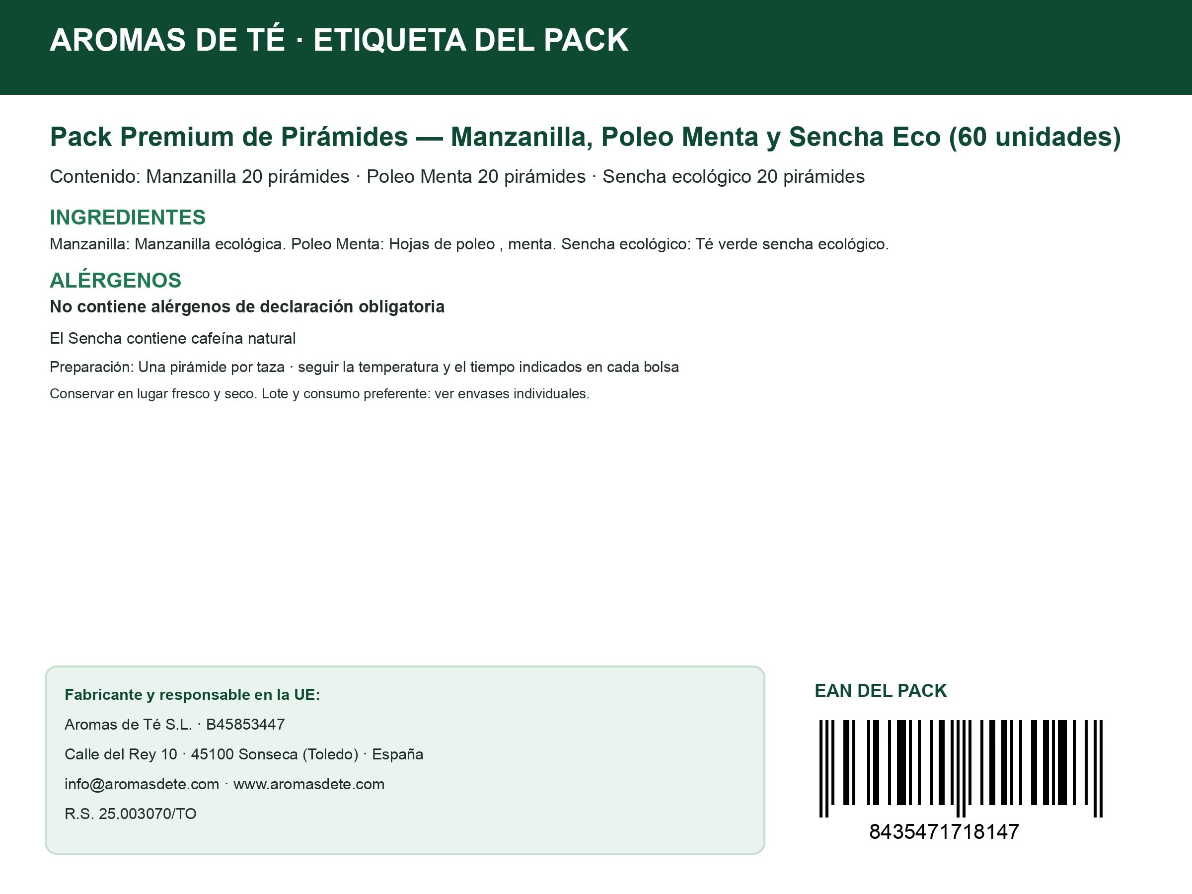 Etiqueta legal y EAN del Pack Premium de Pirámides — Manzanilla, Poleo Menta y Sencha Eco (60 unidades)