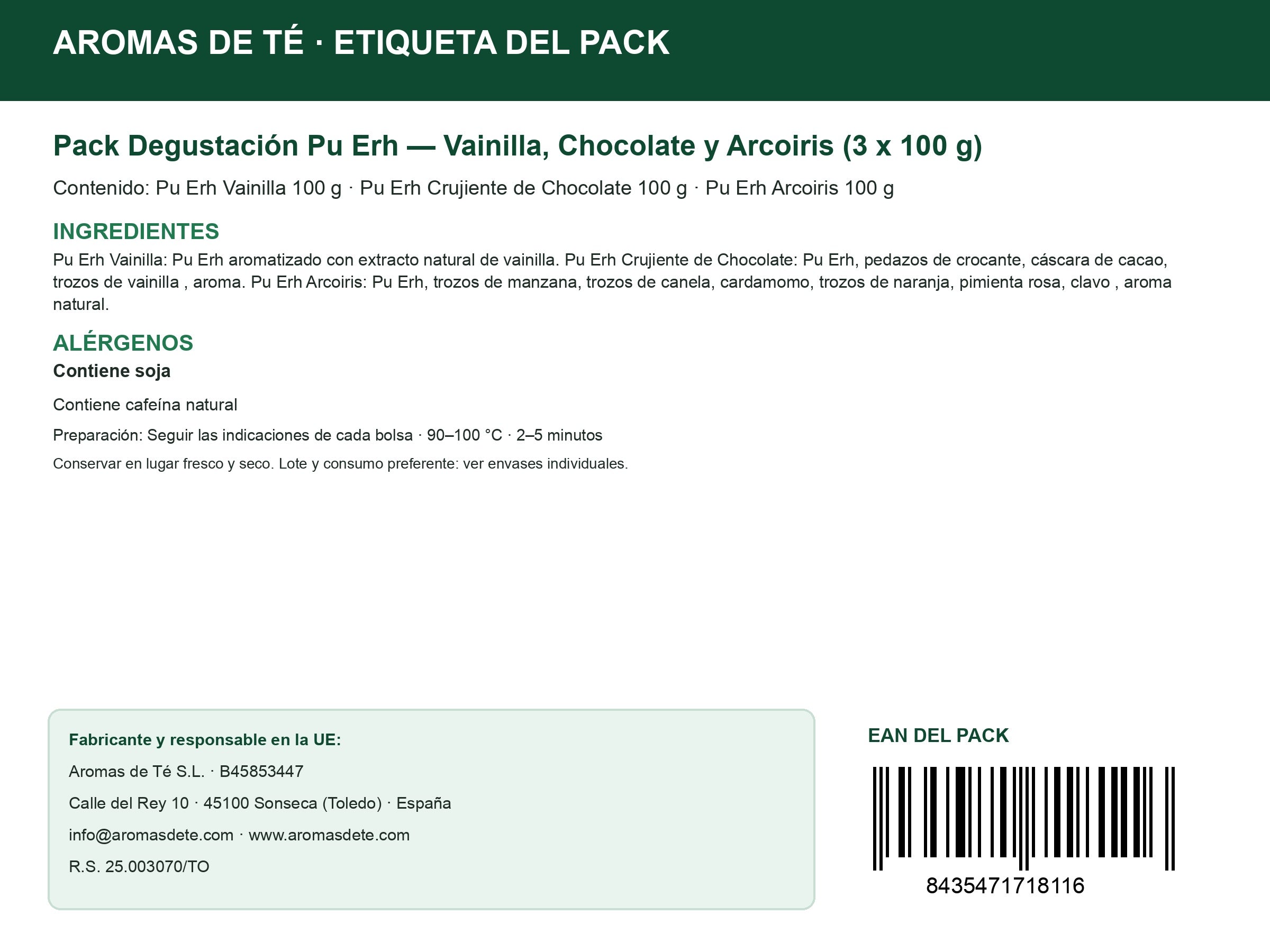 Etiqueta legal y EAN del Pack Degustación Pu Erh — Vainilla, Chocolate y Arcoiris (3 x 100 g)