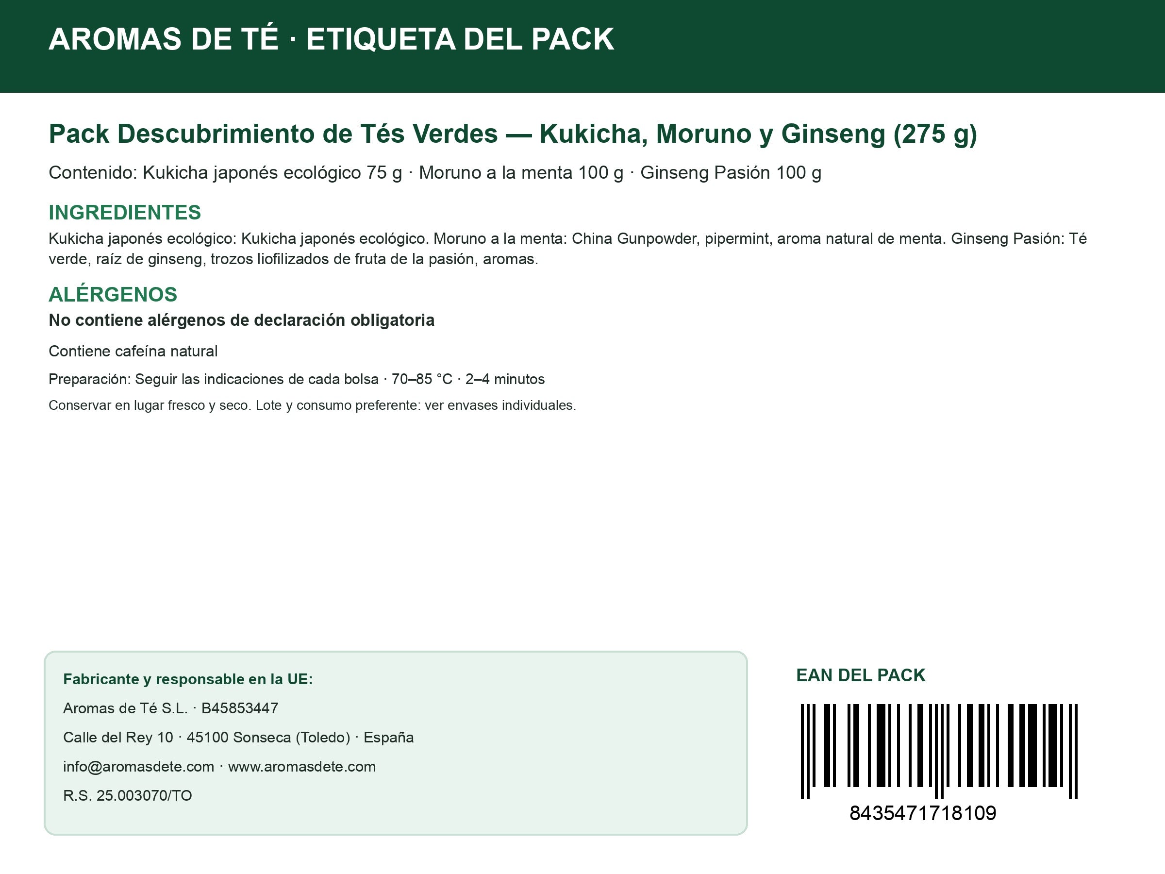 Etiqueta legal y EAN del Pack Descubrimiento de Tés Verdes — Kukicha, Moruno y Ginseng (275 g)
